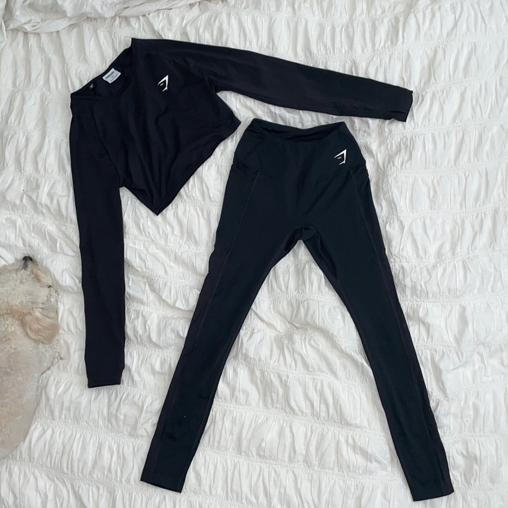 USED Gymshark Black Training Long Crop Top & Mesh Leggings Size Extra Small